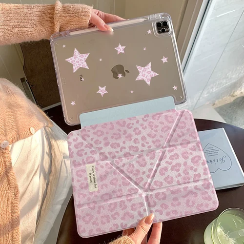 Imagen 1 del producto Nueva funda para iPad con estampado de leopardo y estrellas rosas, para iPad 11 Air 7 6 5 10 10,2”, 10,9”, Mini 7, bonita funda plegable en Y a prueba de golpes con ranura para lápiz