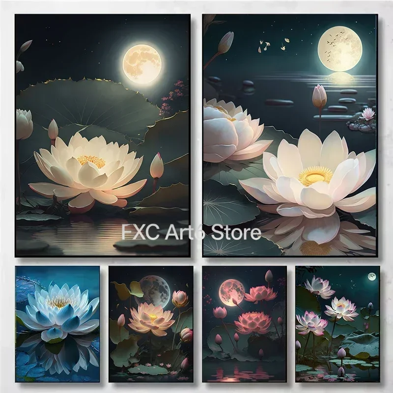 1PCS frameless Canvas Painting Vintage Estilo Chino Tradicional Flor De Loto Estanque Luz De Luna Paisaje Arte Lienzo Pintura Pa