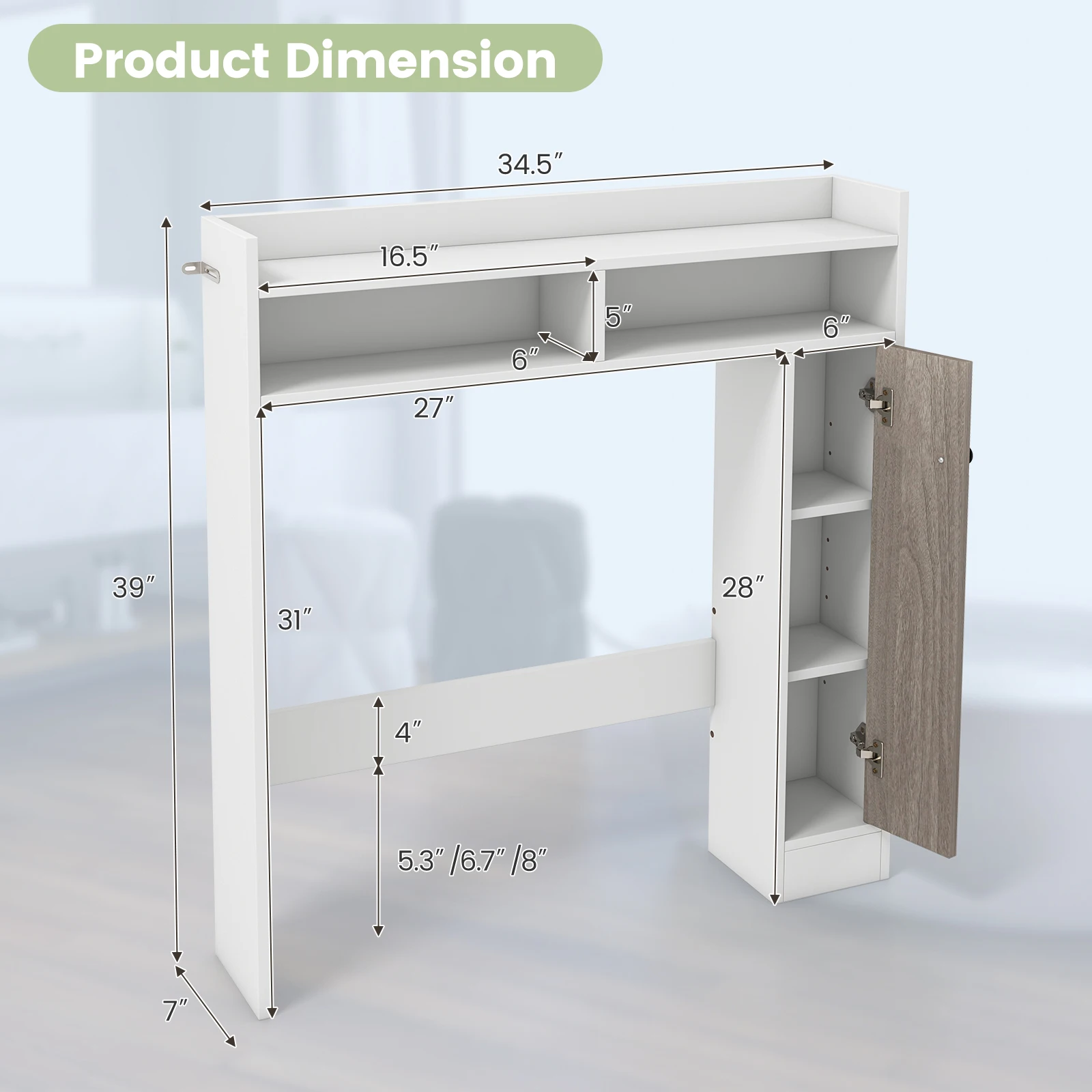 Over the Toilet Bathroom Cabinet Floor Storage Organizer w/ Adjustable Shelves