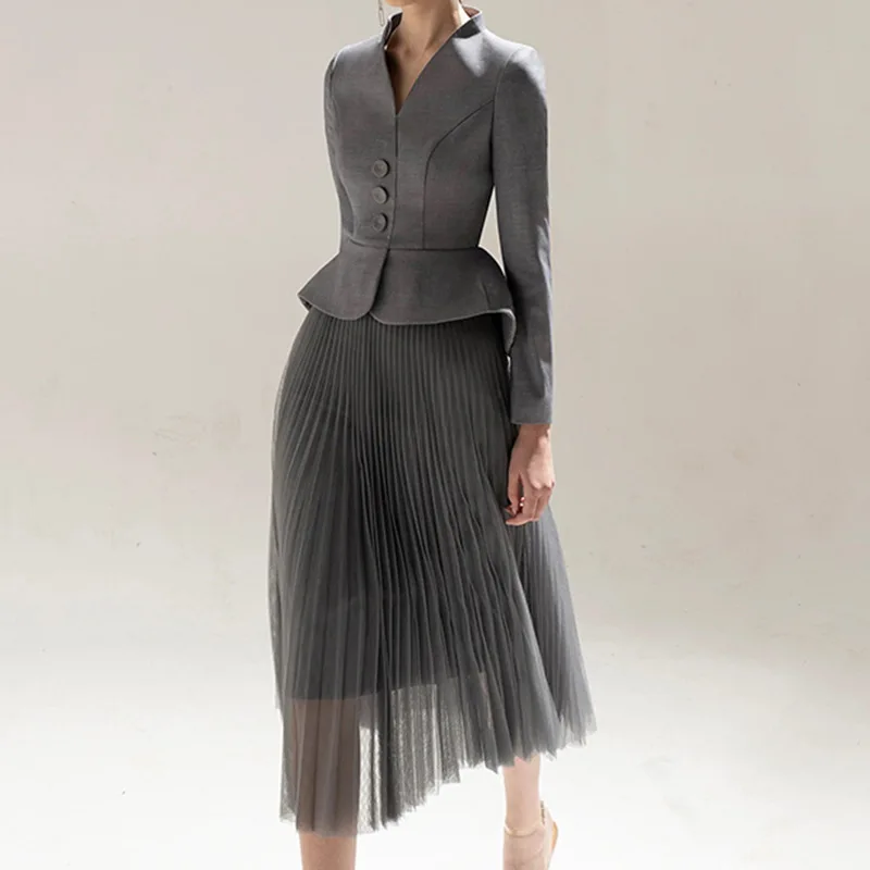 Grey Commuter Set Women's Spring/Summer Slim Fit Single breasted V-neck Suit Coat+High Waist Pleated Sheer Skirt Two-Piece Sets