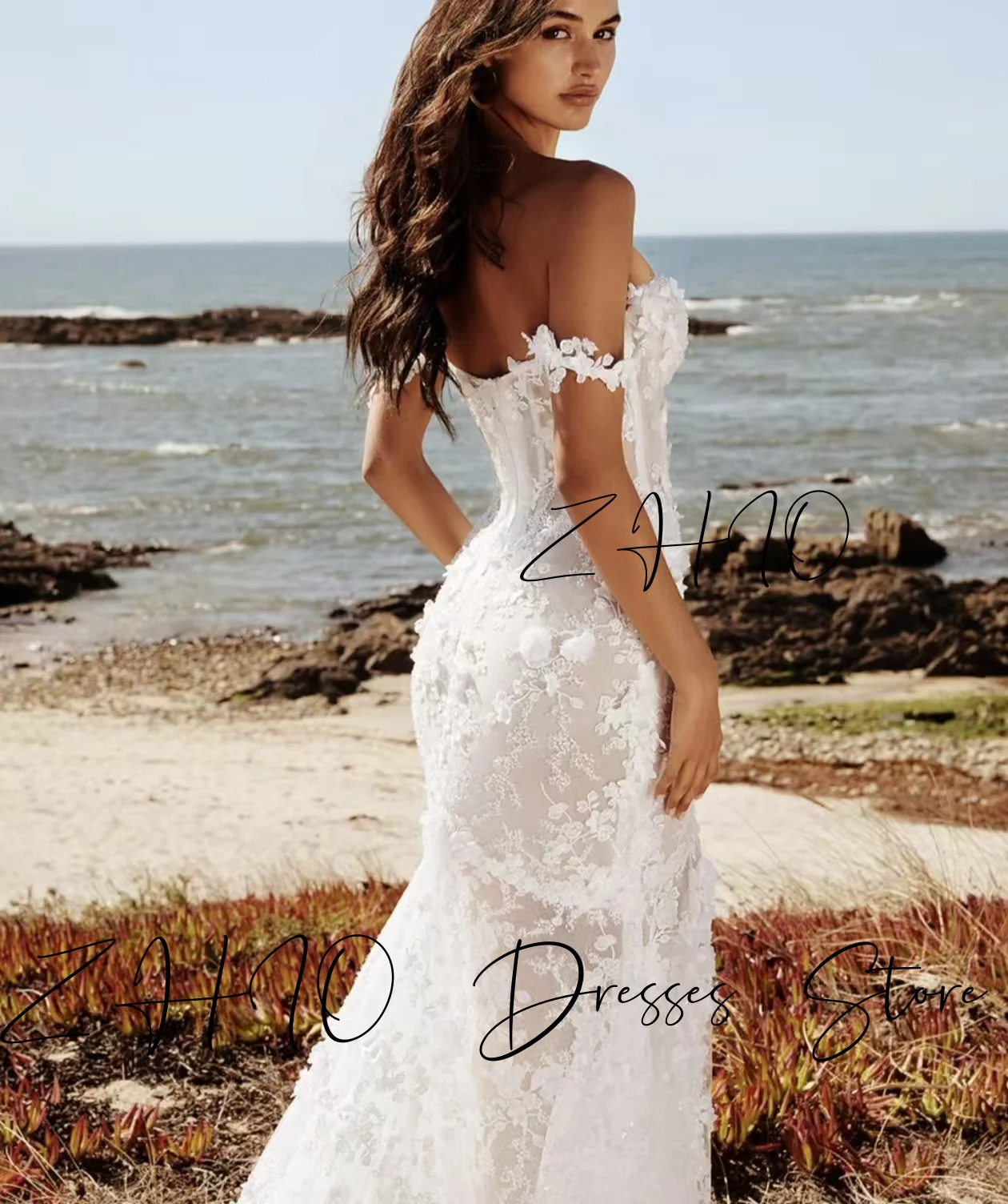 ZHIO Elegant Appliques Wedding Dress Off Shoulder Corset Mermaid Sweep Train White Tulle Bridal Gown Customized Robe De Mariée