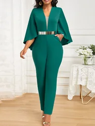 Solid Batwing Sleeve Deep V Neck Jumpsuits for Women