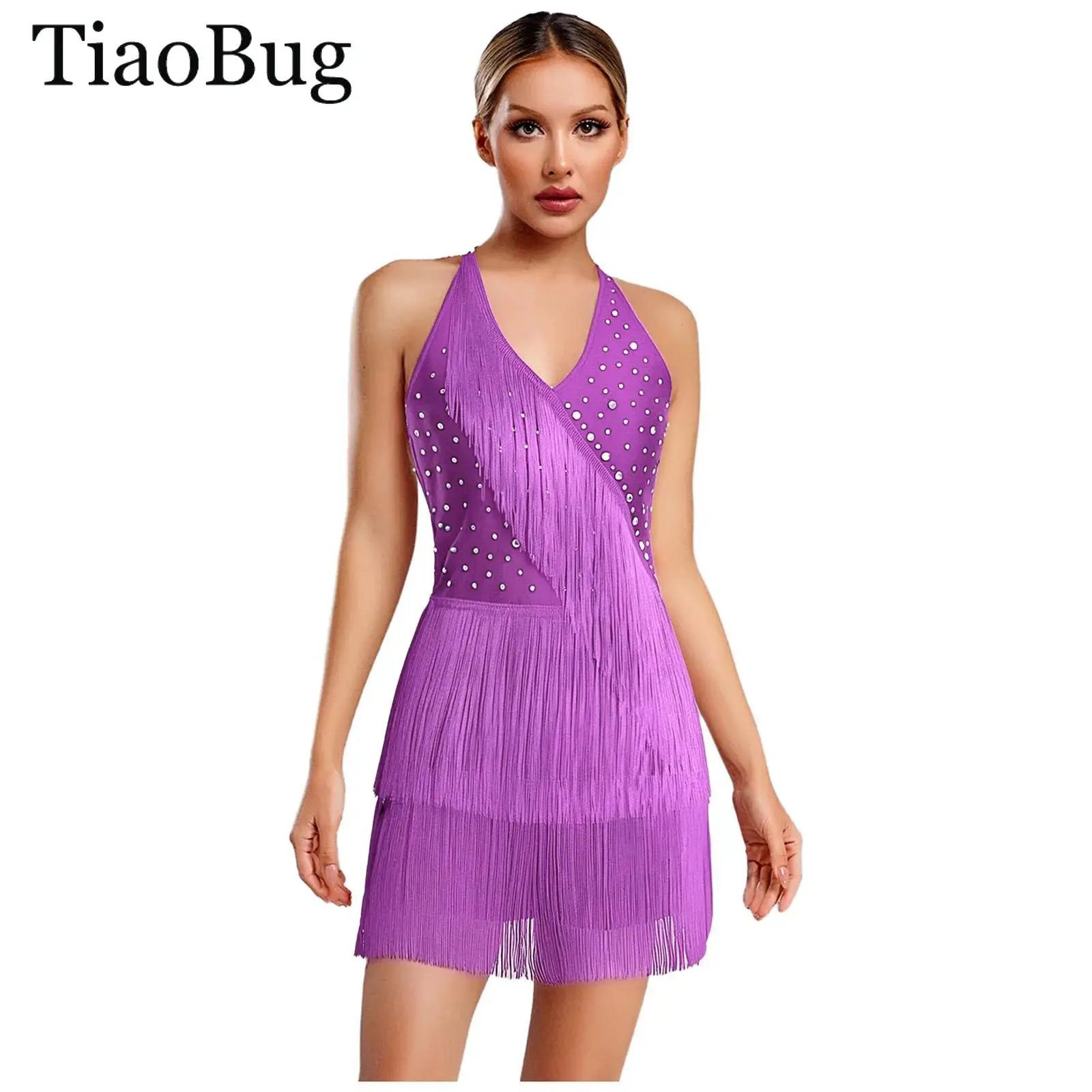 

Women Latin Dance Leotard Jumpsuit Halter Sleeveless Rhinestone Fringed Bodysuit Skating Tango Salsa Jazz Ballroom Dance Costume