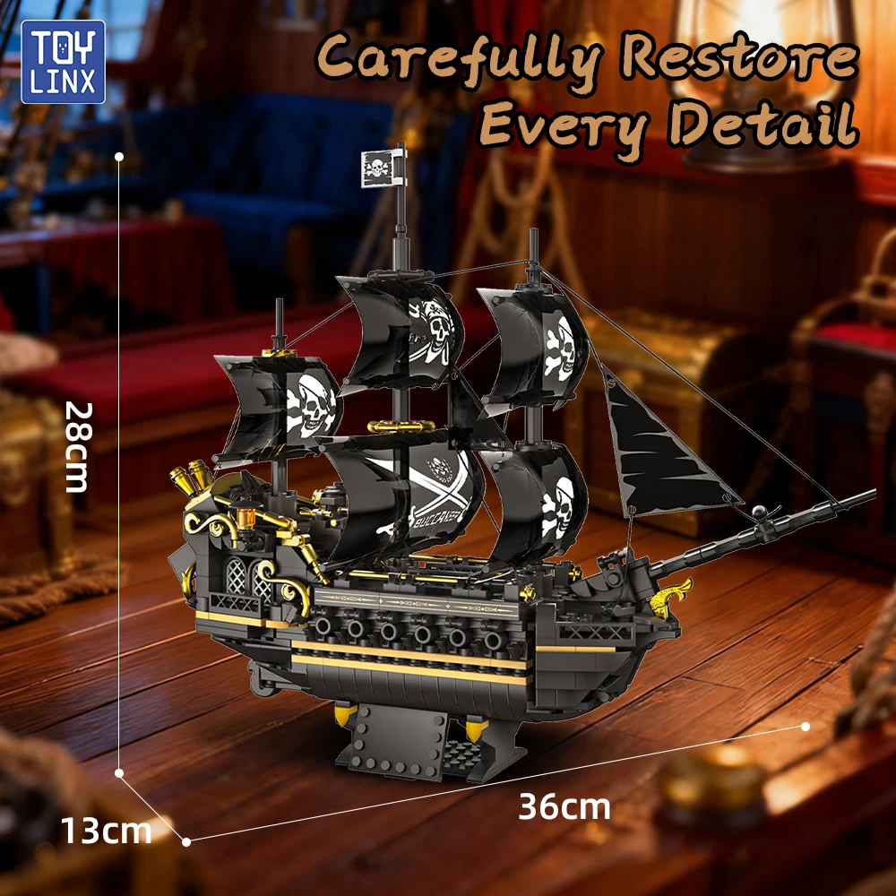 Mystery Pirate Ship Bricks Model Black Gold Color Scheme 3D Puzzle Challenge Collectible Naval Ship Encourages Creativity Skills view 5