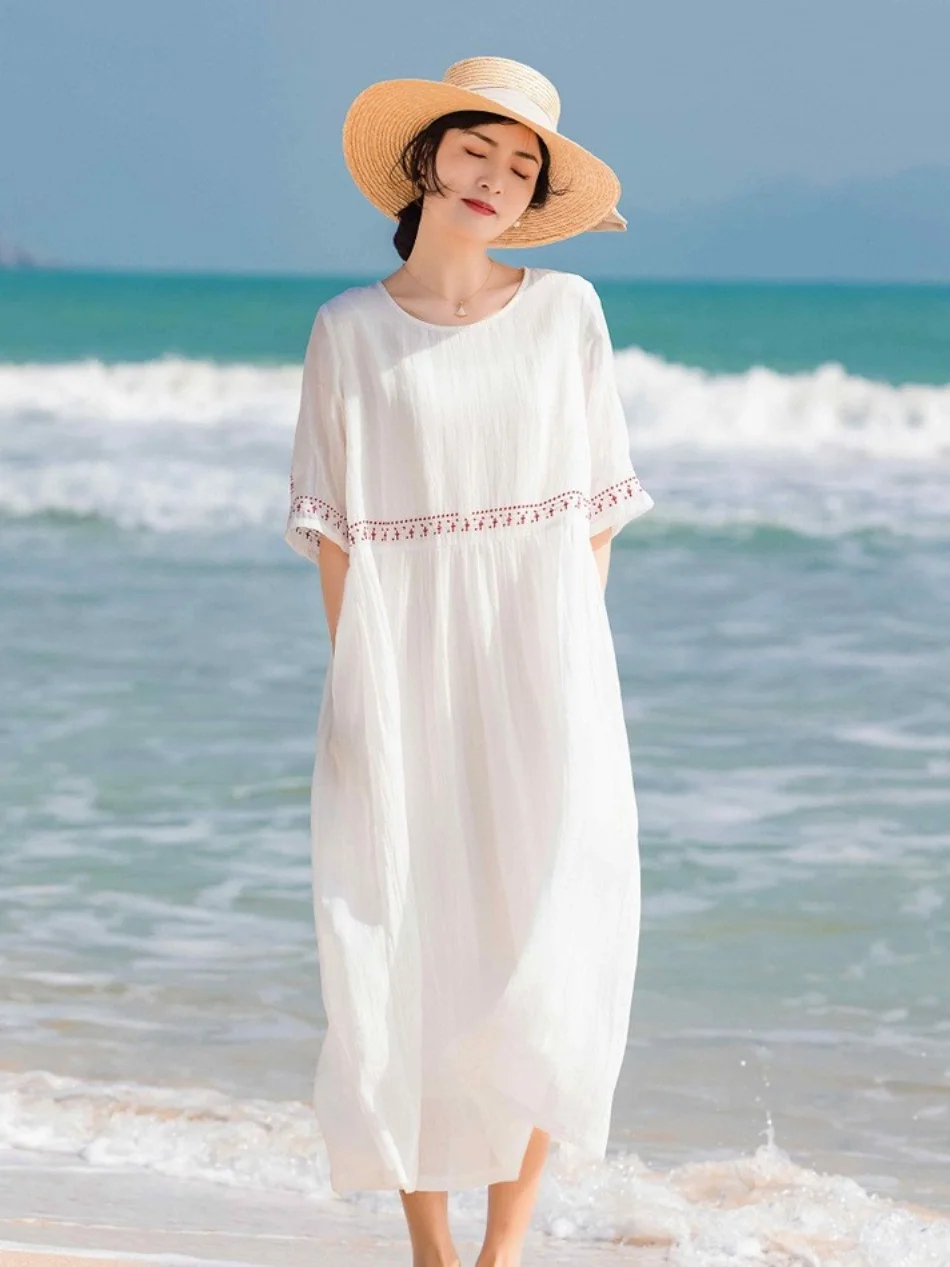 New 2024 Women Ramie Cotton Dress Vintage Loose Embroidery Summer Breathable Round Neck Casual Holiday Dresses F185