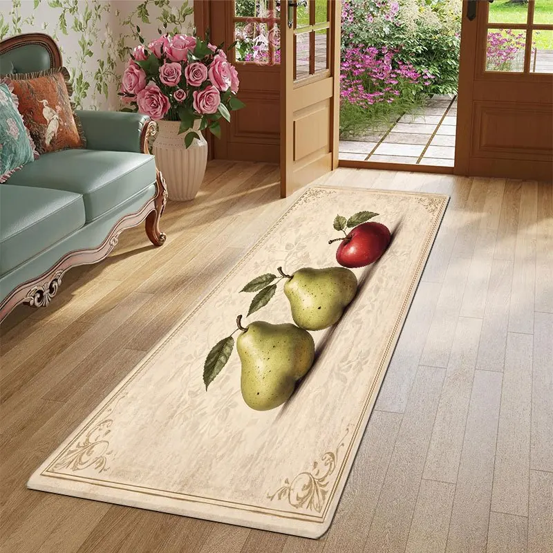 Vintage Fruit Kitchen Runner Rug  Retro Pear Apple Print Elegant Floral Border Design Anti Slip Long Floor Decor Mat for Kitchen