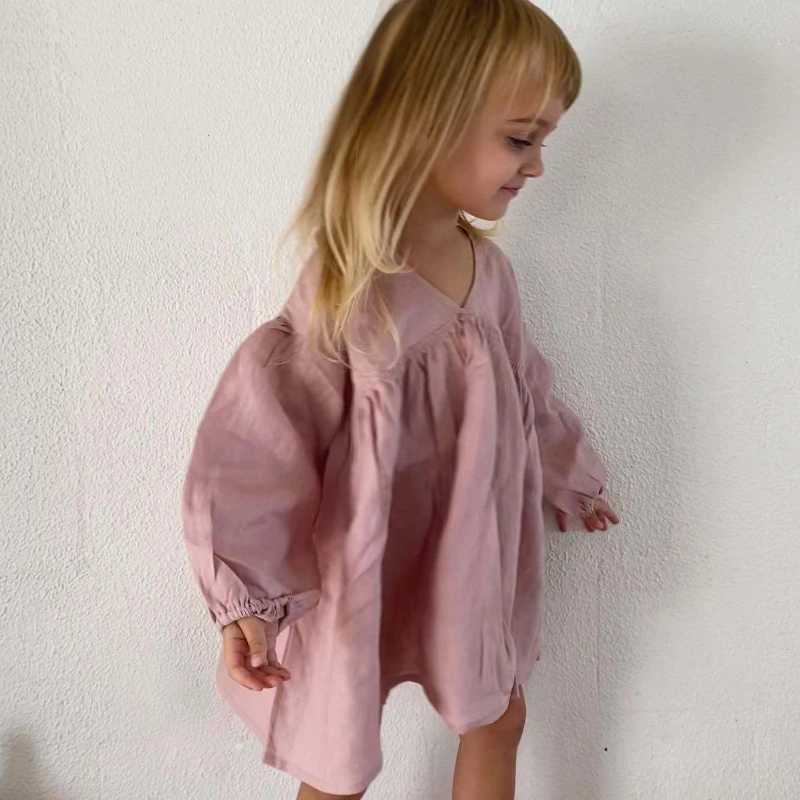 Girls Sweet Bubble Sleeve Linen Dress 2026 Spring New Baby Girl Retro Cotton Linen V-Neck Loose Princess Dresses Kids Clothes