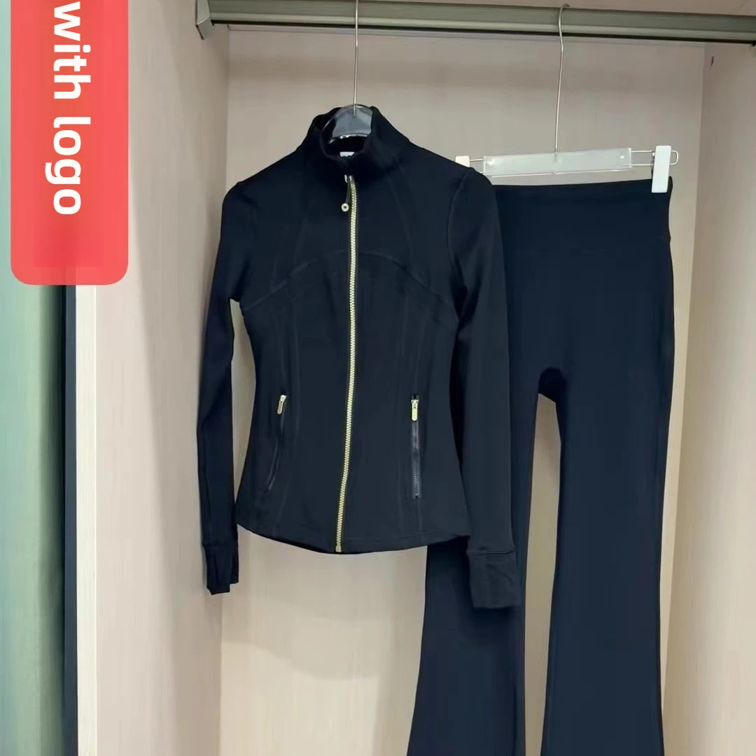 مجموعة LU الجديدة الملونة المكونة من قطعتين: سروال نسائي صغير واسع وسترة بياقة واقفة، بدلة رياضية عالية الخصر للتحكم في البطن