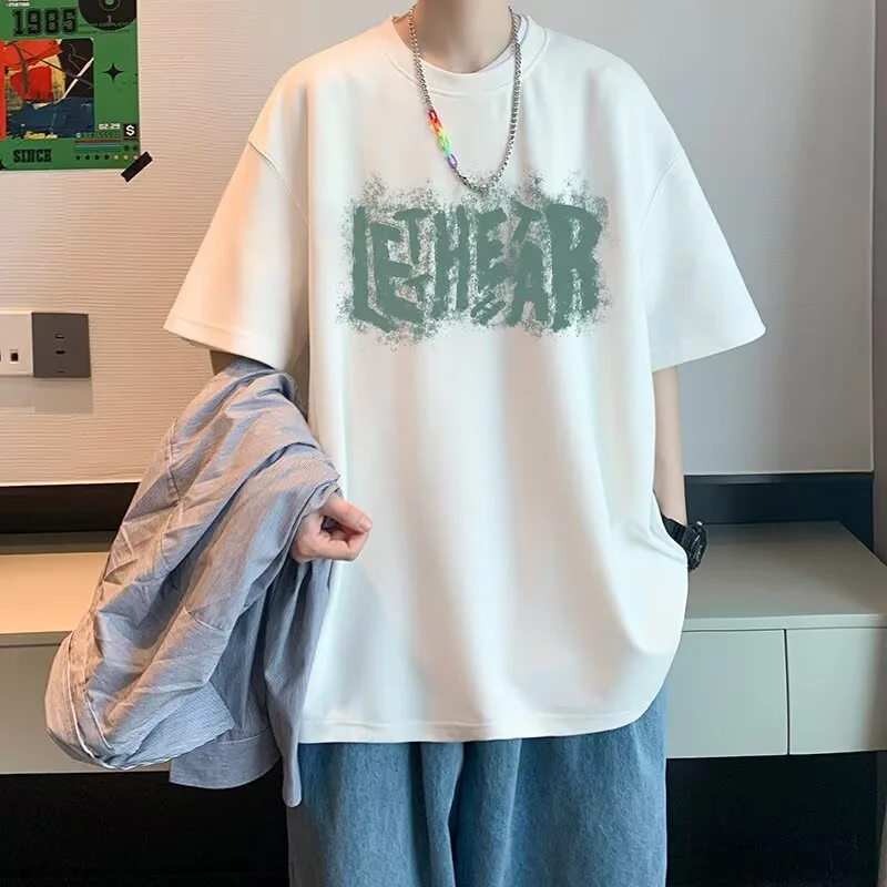 Camiseta de hombre de corte holgado con mangas cortas, estilo Cleanfit, manga tres cuartos, manga de cuero PU, camiseta larga de verano