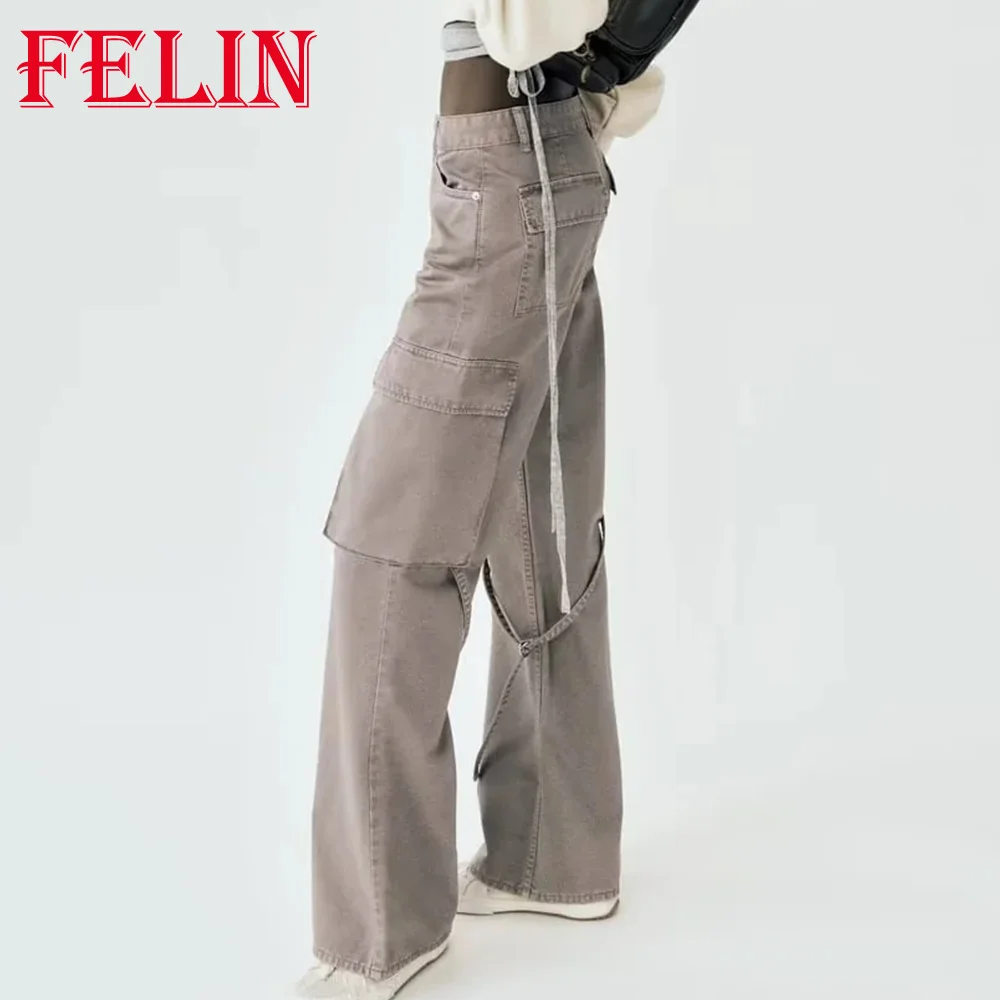 TRAF 2023 Autumn Women High Street Cargo Long Pants Pockets Wide Leg Pants Streetwear Loose Safari Style Fashion Female Trousers