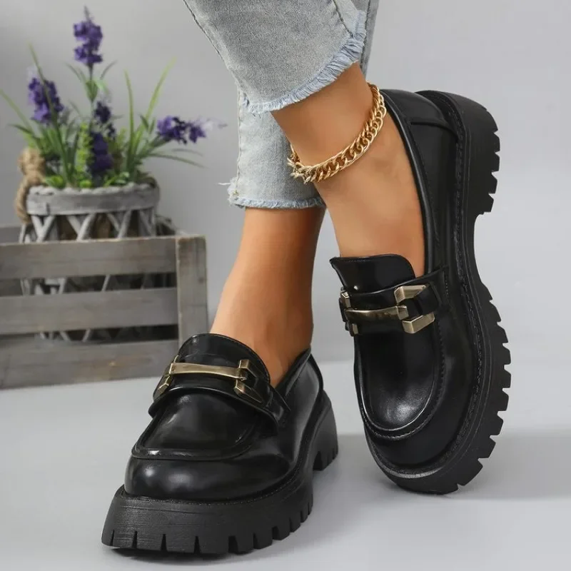 2024 Female Shoes Women Fashion Mary Janes Round Toe Flats Loafers Oxfords Platform Casual Metal Chain Buckle Ladies Heels Black