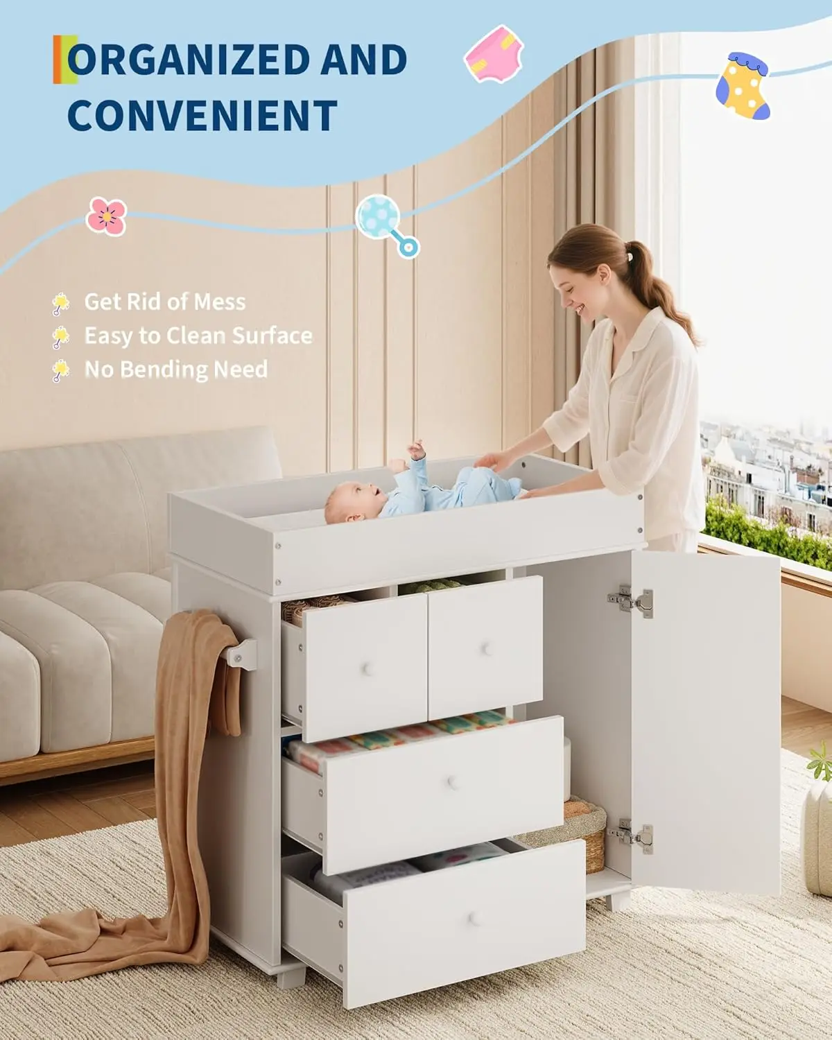 

Changing Table Dresser, Nursery Baby Dresser with Drawers and a Cabinet, Diaper Changing Station , Storage Crib for Bedroom