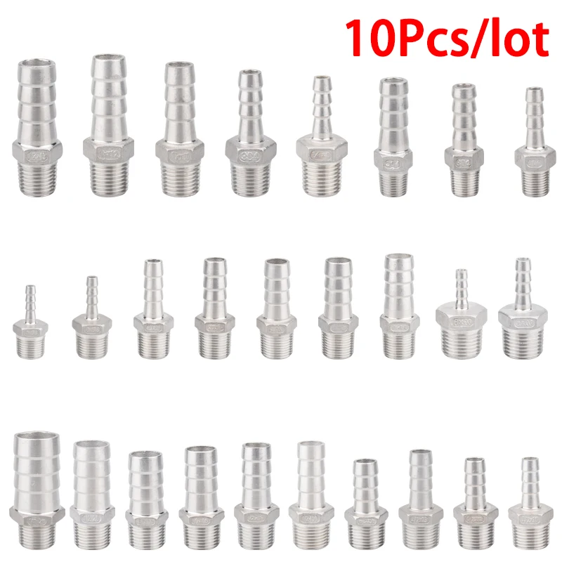 

10Pcs/lot Hose Barb Connector 304 Stainless Steel 1/8" 1/4" 3/8" 1/2"BSP Male Thread Pipe Fitting pagoda connector