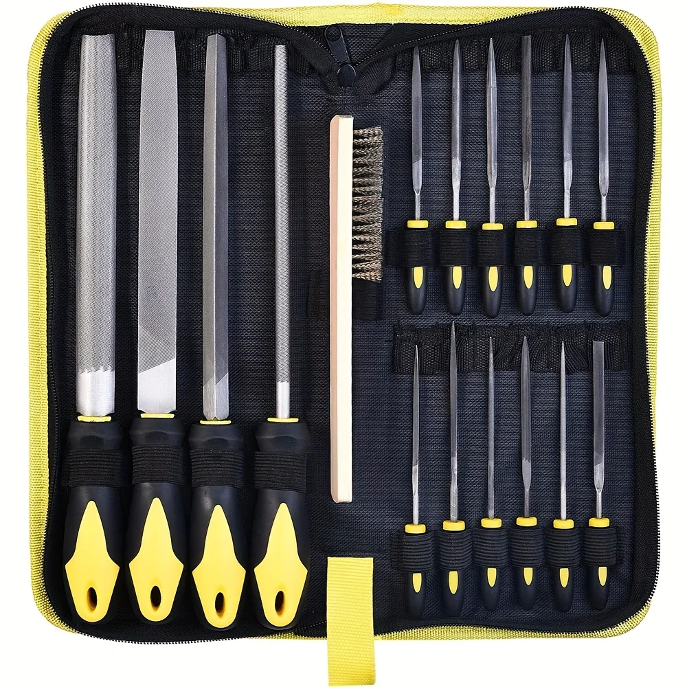 Metal File Set, Large Flat File/Half-Round File/Triangle File/Round File and 12 pcs Needle Files with Storage Bag and Steel Brus