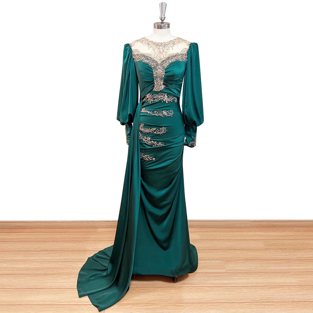 Elegant Emerald สีเขียว Muslin Evening Night ชุดผู้หญิง2022 O คอยาวแขน Mermaid อย่างเป็นทางการพรหม Gowns งานแต่งงาน