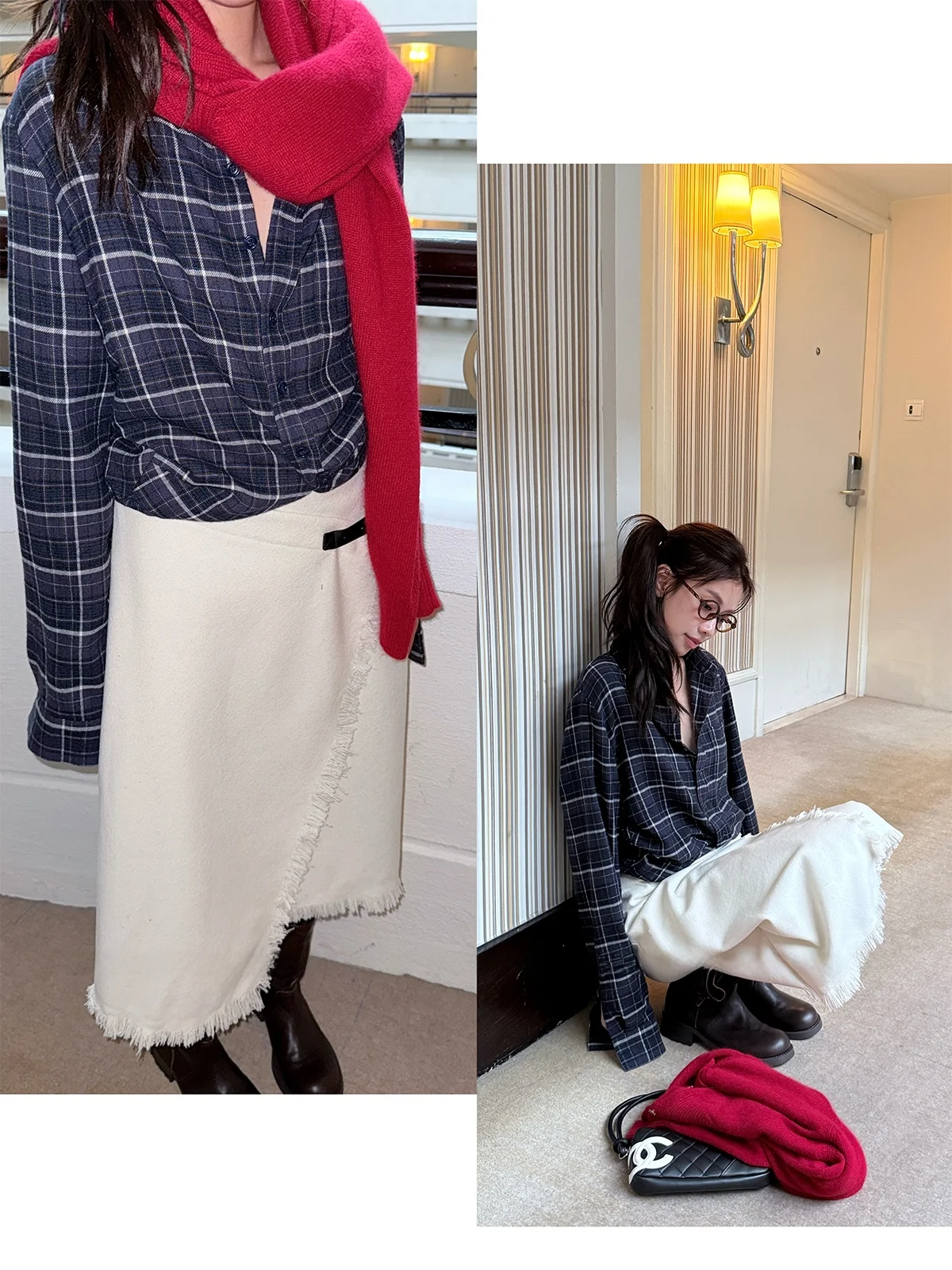 

44AaSi Autumn Winter Woolen Wrap Sle Tassel A-Line Midi Skirt Slimming Gauze Moonlight Casual Daily Wear Street Sle