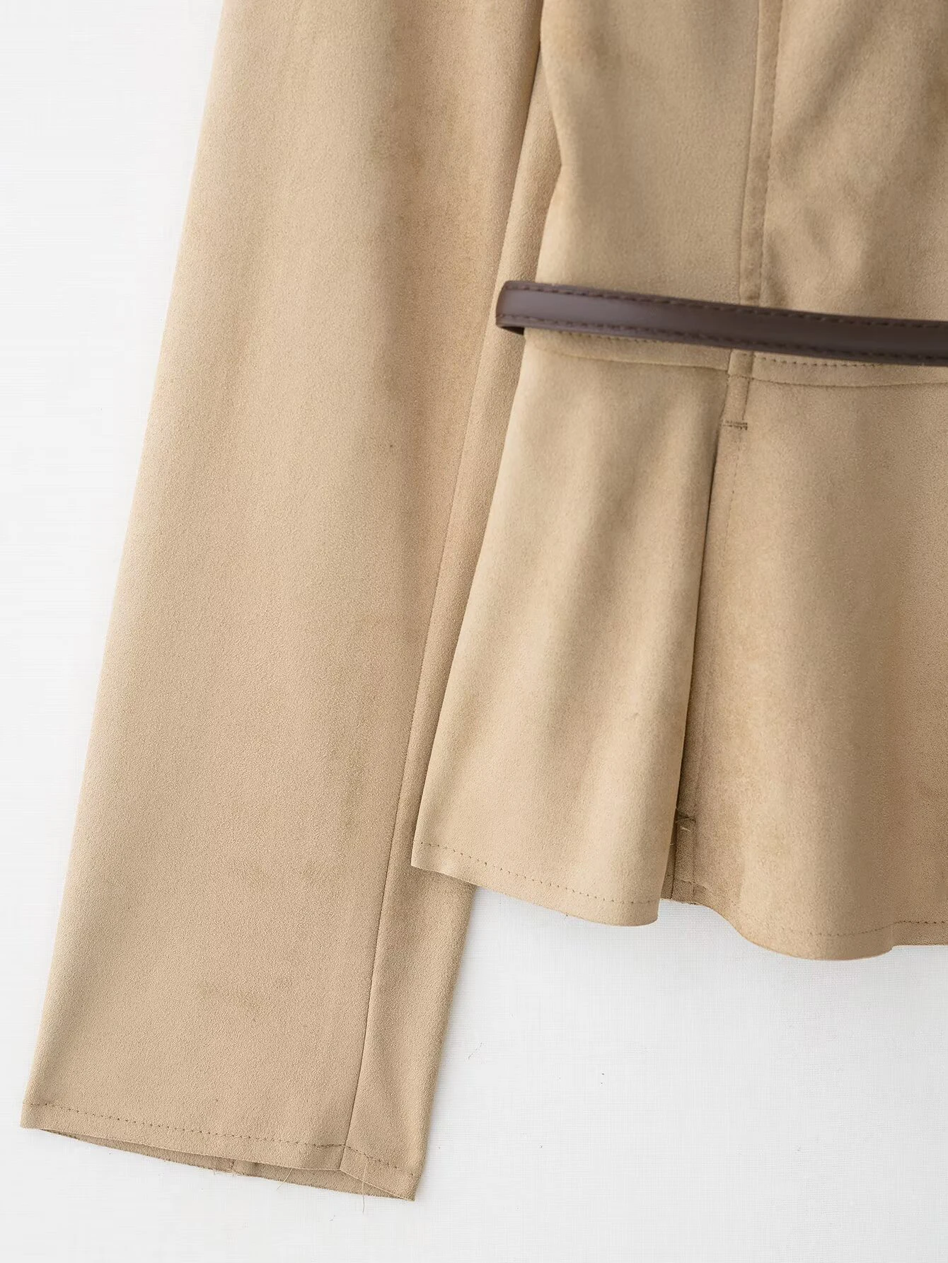 DEEABAE เสื้อแจ็คเก็ตแขนยาวคอกลมสำหรับผู้หญิงในฤดูใบไม้ร่วงพร้อมสายคาดเอวและเสื้อแจ็คเก็ตสไตล์กระโปรงสั้นหนังกลับ