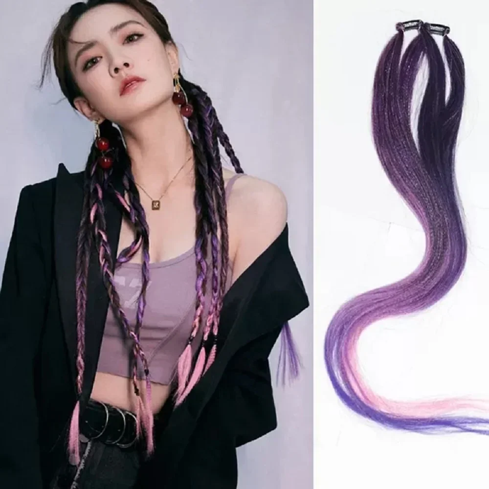 Y2K woman fashion Gradual color Hanging Ear Dyed wig piece clip wigs extension 55CM Braided Hair Rope Dirty Braid Ribbon