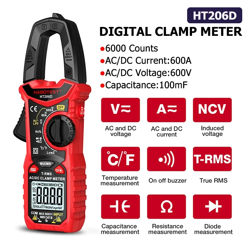 HT206D 600A AC DC cyfrowy miernik cęgowy multimetr 6000 zliczeń True RMS automatyczne pomiarowanie napięcia prądu temperatura pojemność NCV Tester