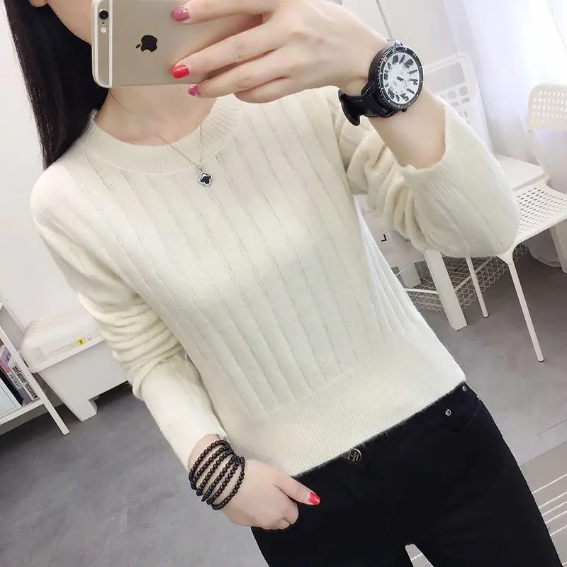 Spring Autumn New Fashion Round Neck Long Sleeve Solid Pullovers Women\'s Clothing Slim Knitting Bottoming Shirt All-match Top