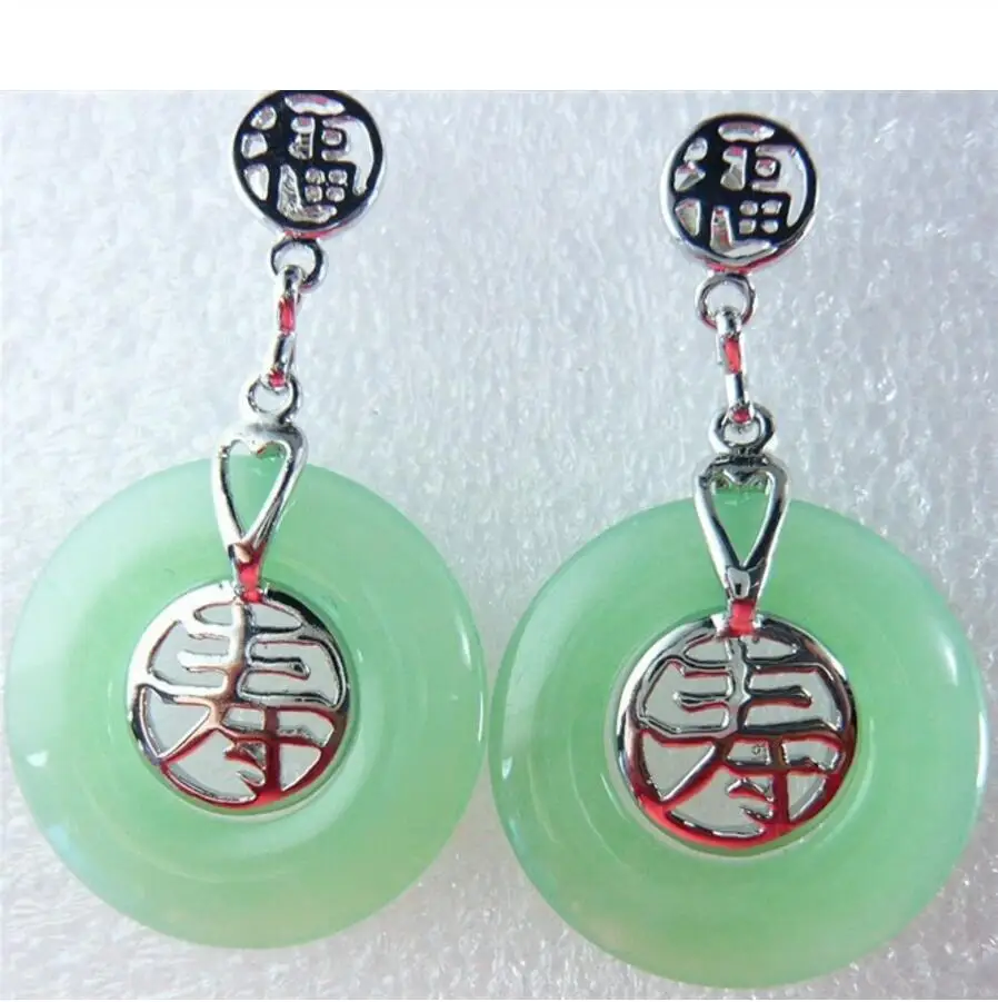 

3 choices Wholesale light green/green Natural jade chinese character fu &shou lucky earring