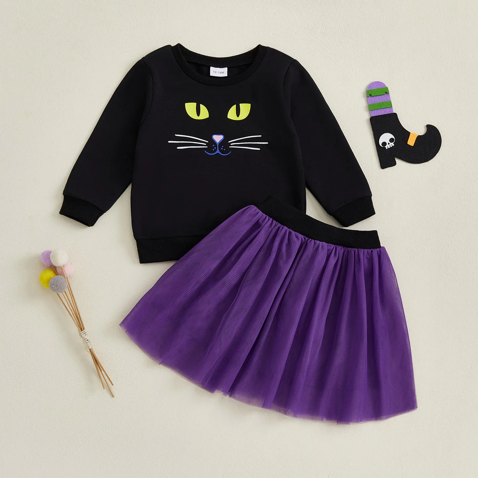 

Lioraitiin Toddler Baby Girl Halloween Outfit Black Cat Print Long Sleeve Sweatshirt Elastic Waist Tulle Skirt 2 Piece Set