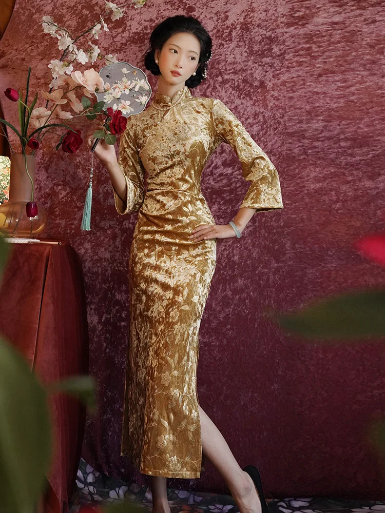 

Yellow Velvet Dr Women's Long Sve Retro Sle New Chinese Version Improved Dr Winter Season Faionable