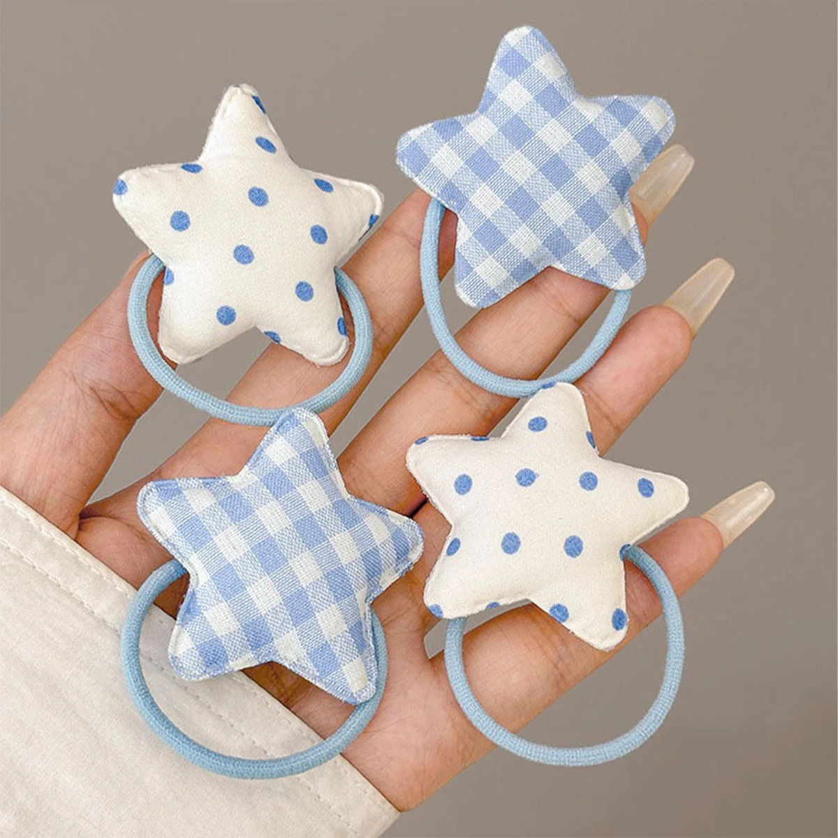 4pcs Summer fresh blue plaid star hair ring, sweet girl, ponytail, small leather band, hair rope hair ornament