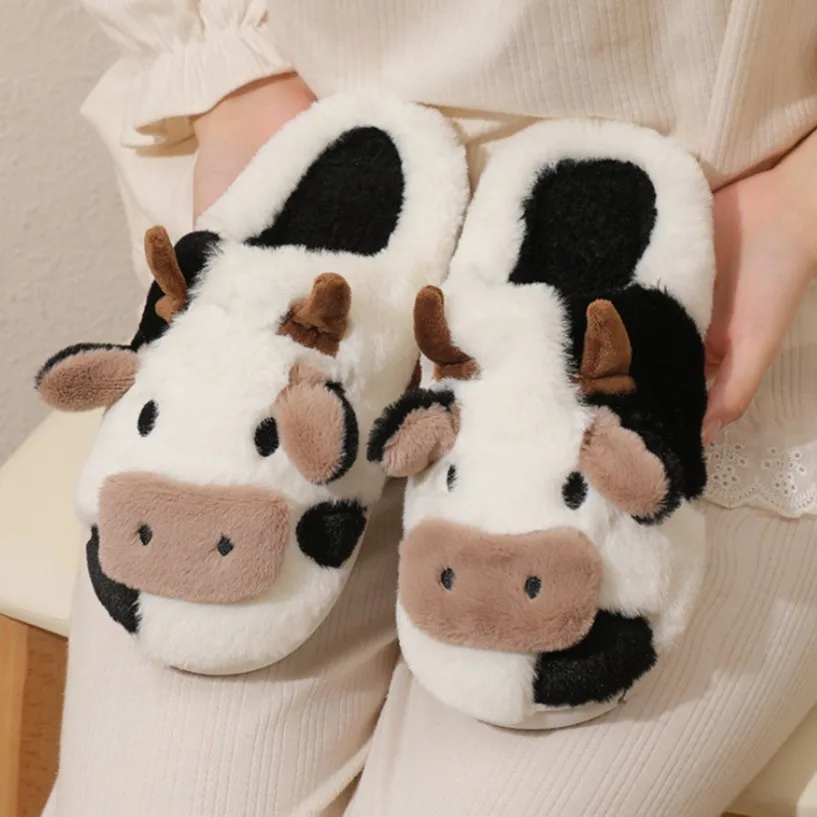 

Cute Milk Cow Slippers Women Fluffy Furry Slippers Men 2023 Winter Plush Platform Slides Indoor Fuzzy Slippers Kawaii Shoes