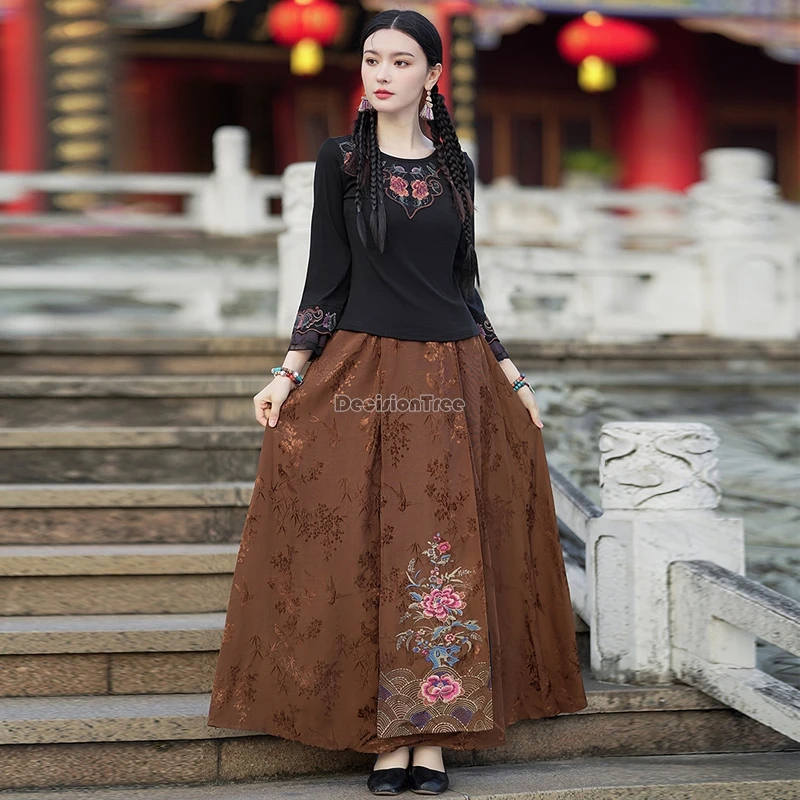 2024 new chinese national style women elastic waist skirt vintage embroidered a-line skirt long half elegant retro skirt t001