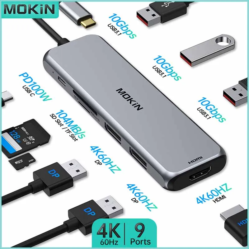 Stacja dokująca USB C MOKiN 9 w 1: 2 DP + HDMI Rozszerzenie na 3 ekrany, USB 3.0/3.1, SD/TF, RJ45 dla MacBook iPad Laptop 4K 60HZ