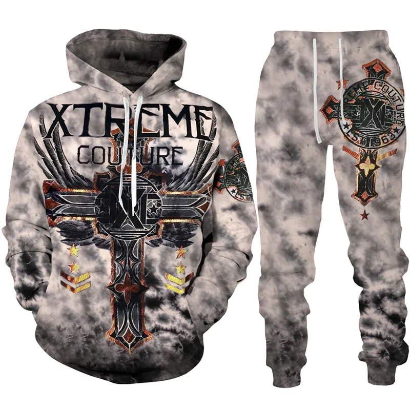 

Men's Hoodie Set Gothic Skull Tattoo 3D Printed Hoodie Tracksuit Fashion Man Sportswear Set Cool Graphic Hoodie+Pants 2pcs Set