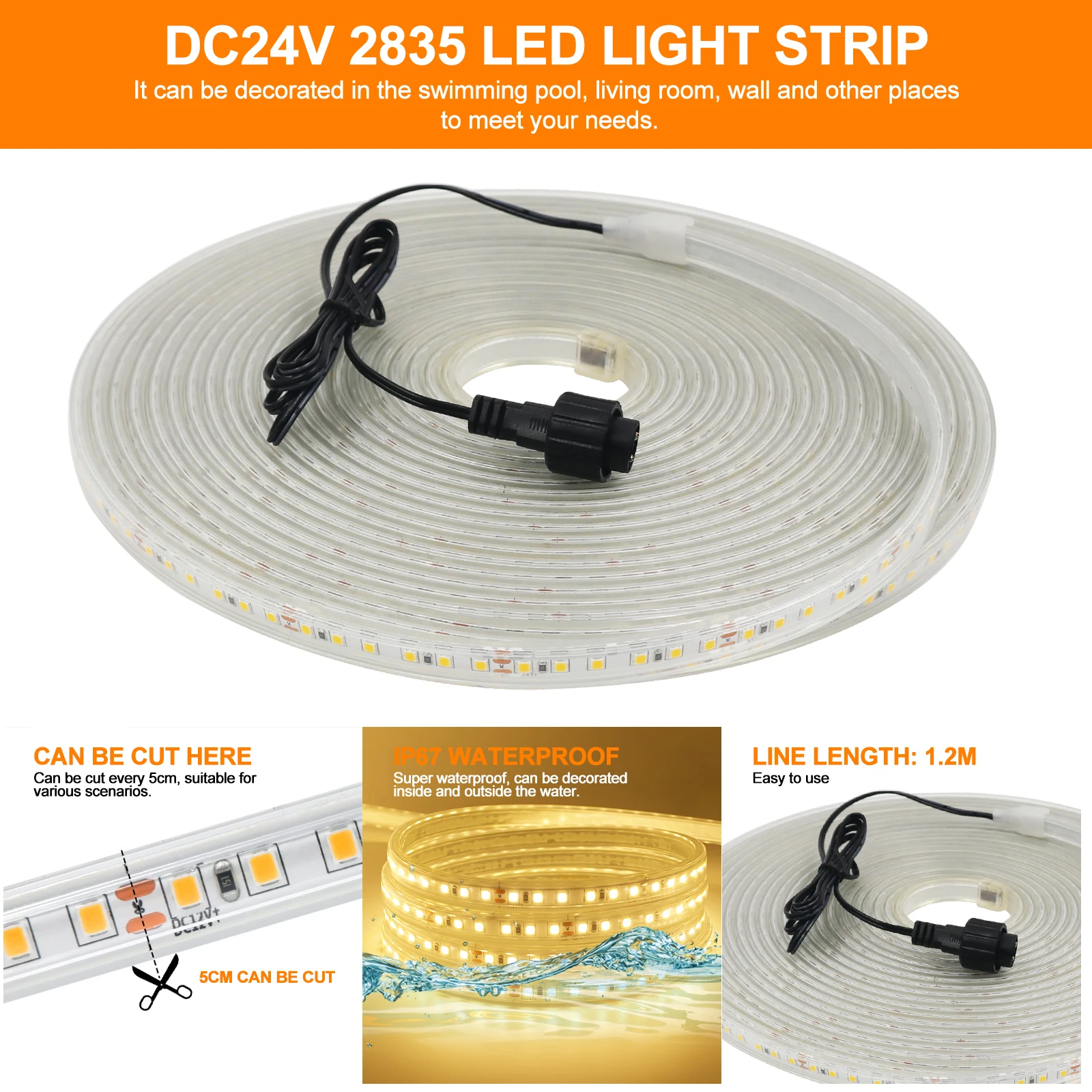 Solar Outdoor LED Strip Lights 24V 2835 120LEDs/m Waterproof Flexible Tape 0.5m-10m Warm Natural White Solar LED Garden Light