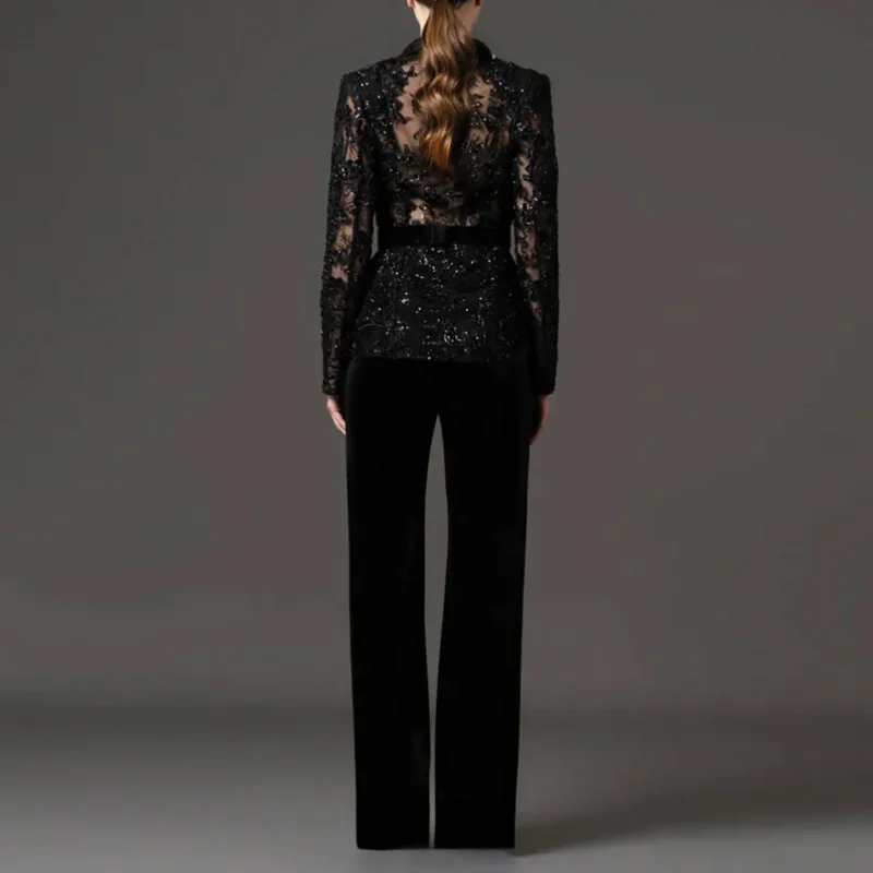 HKSH Women Set Dark Tide Fashion Mesh Embroidered Flares Sequins Ins Blazer Elegant Solid Color Suit-Pants Spring Summer HK23993