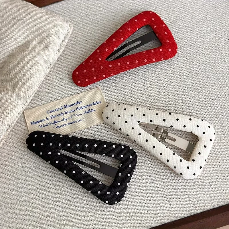 Vintage Polka Dot Hollow Triangle Hair Clips Fabric Covered BB Hairpins Sweet Coquette Style Side Bang Barrettes Women Girls Dai