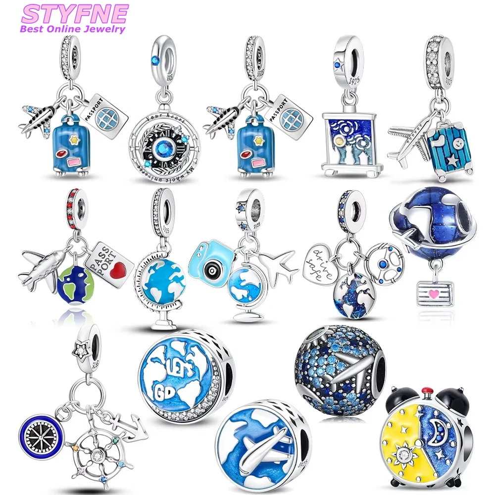 

Exquisite Blue Airplane Earth Travel Suitcase 925 Silver Original Charms Beads Fit Bracelet Women Jewelry Accessory DIY Gifts