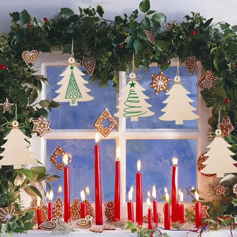 Paintable Blank Wooden christmas tree Festival Ornaments Xmas Tree Hanging Wood Slices for DIY Art Crafts Christmas Decoration