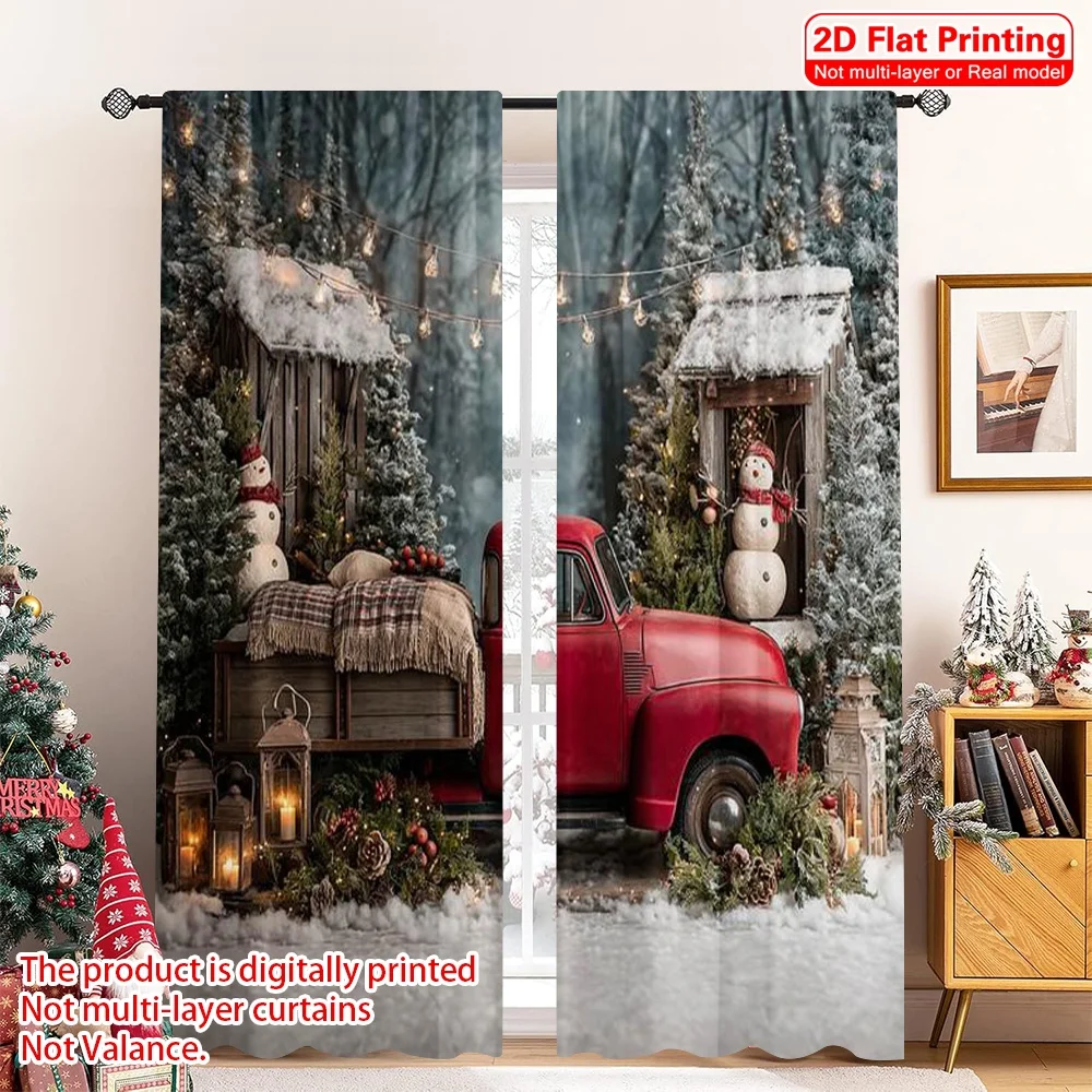 

2pcs 2D flat printing Merry Christmas Popular Party Window Curtains Country red truck Versatile Polyester Without Electricity