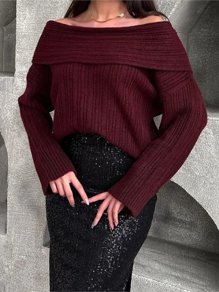 Women Sexy Solid One Neck Ribbed Sweater Fashion Off Shoulder Long Sleeve Knitted Pullover 2024 Autumn Lady Chic Street Knitwear - Detail 1