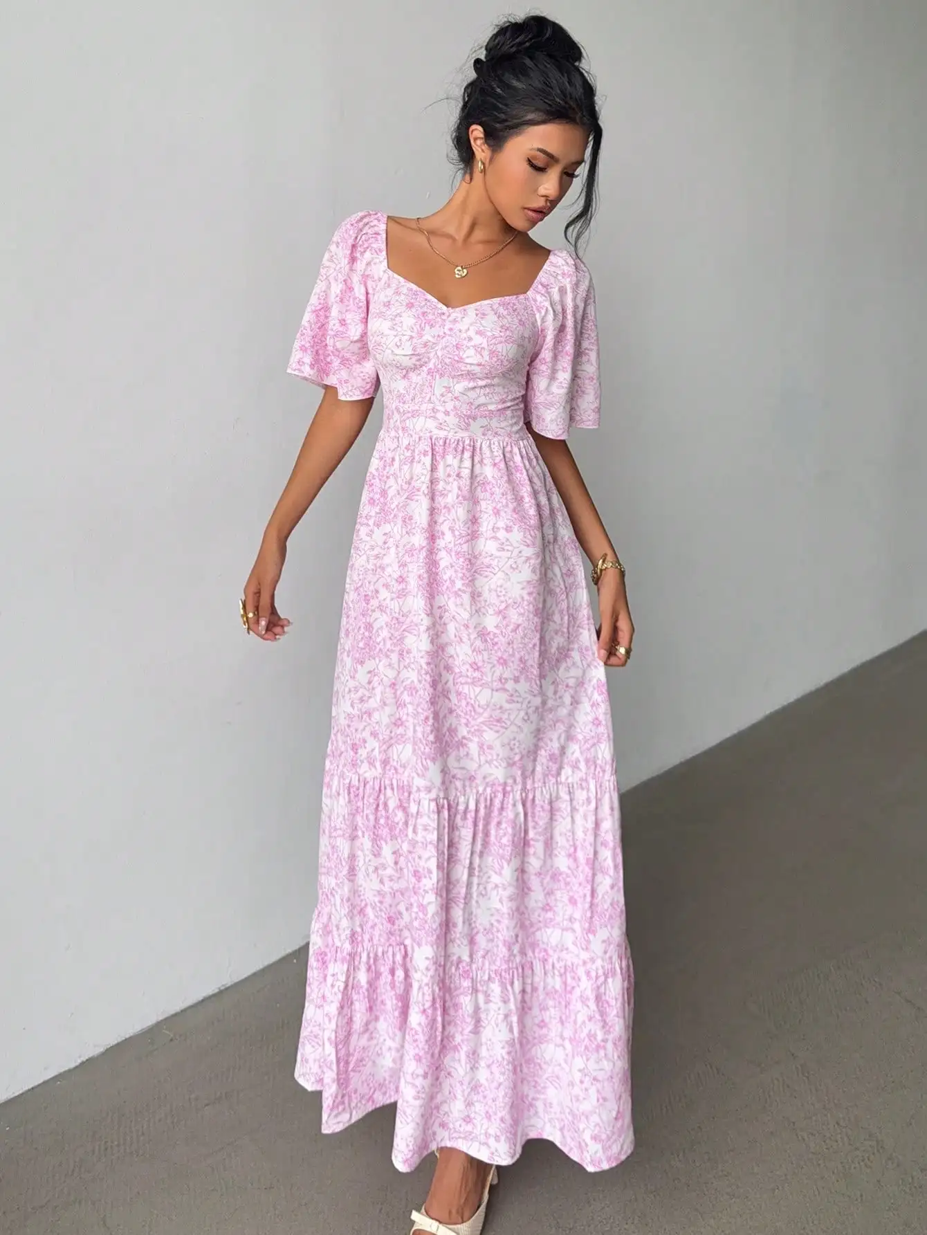 

Pink Ditsy Floral Square Neck Short Sleeve Tiered Maxi Dress