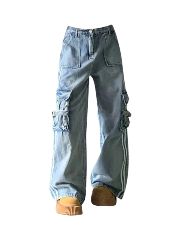 

Spring Summer Women Blue Cargo Pants Classical Casual High Waist Full Length Trousers 2000s Aesthetic Hiphop Retro Kpop Clubwear