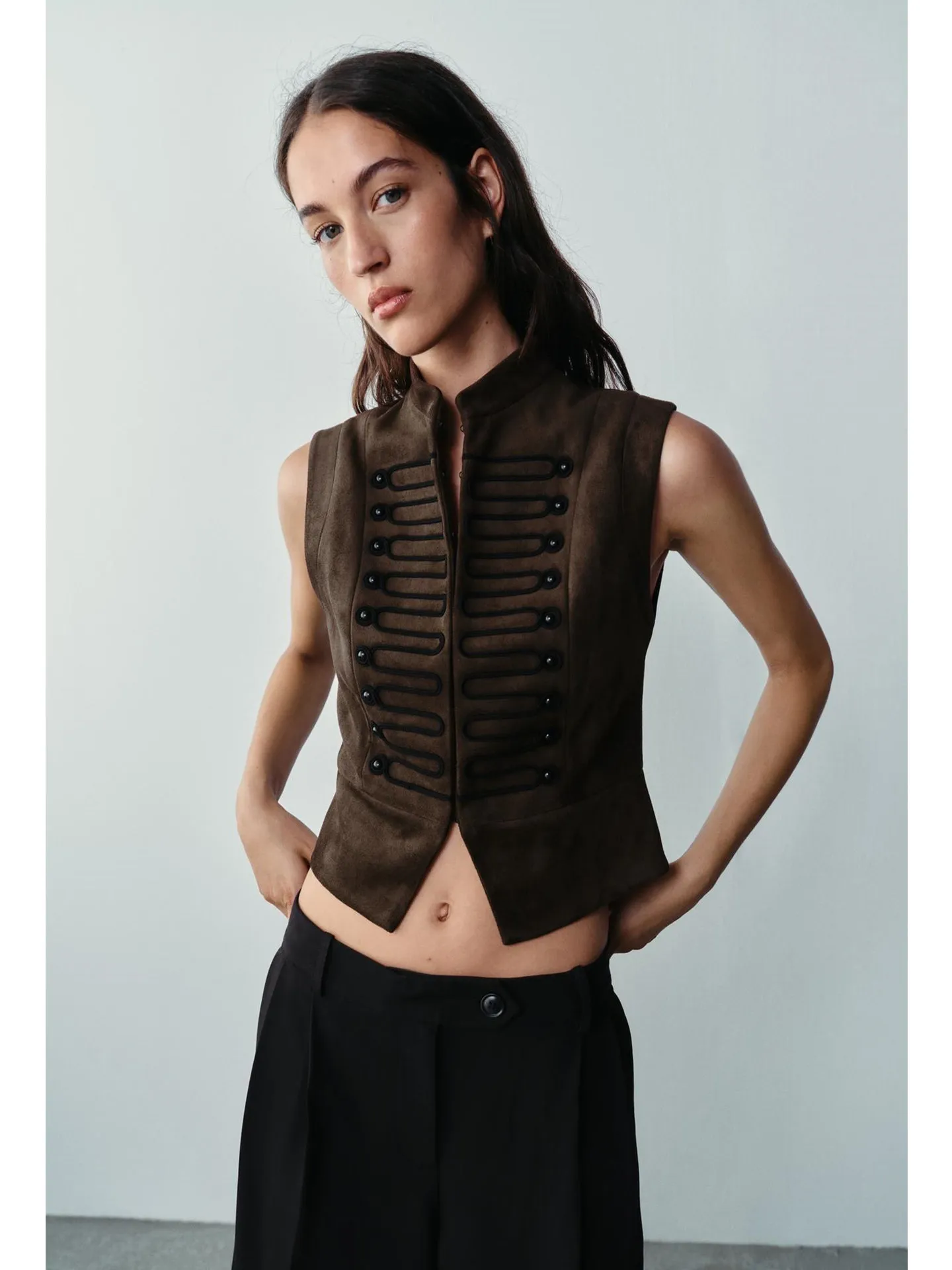 New Autumn Women's Commuter Style Stand Collar Sleeveless Vest with Rope Knot Buckle Color Block Short Polyester Fashion