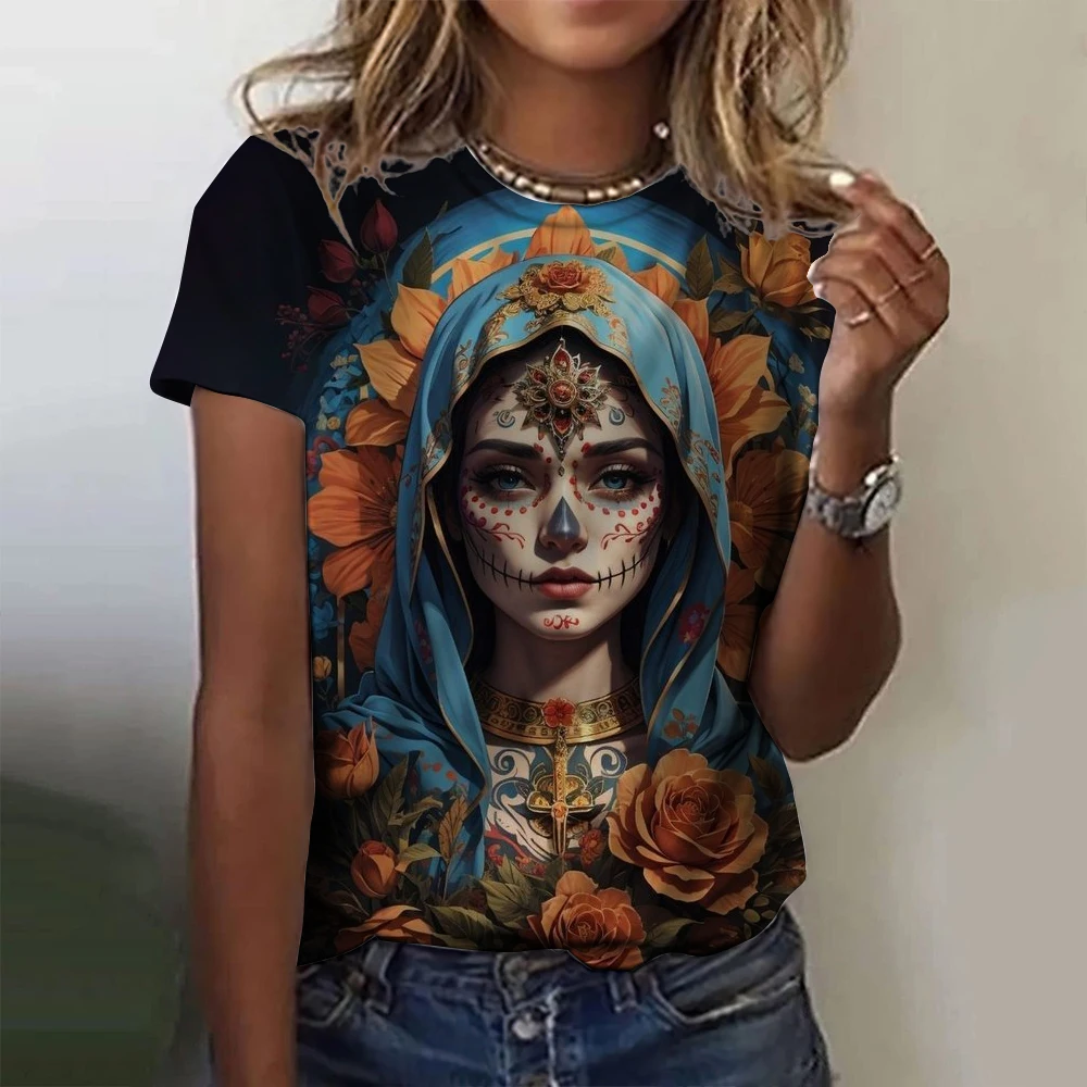 Women's T-shirt for Girls Summer Short Sleeve Casual Fashion Sexy Girls Clothes Horror Undead Skull Pattern oversized T-shirts