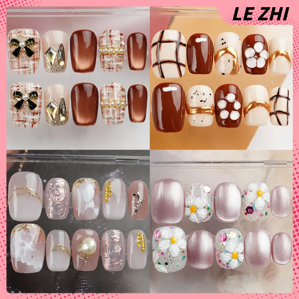 

10Pcs Elegant Sparkling Cat Eye Design Fake Nail Tips Kawaii 3D Hand-Painted Flower Bowknot Short Square Handamde Press On Nails