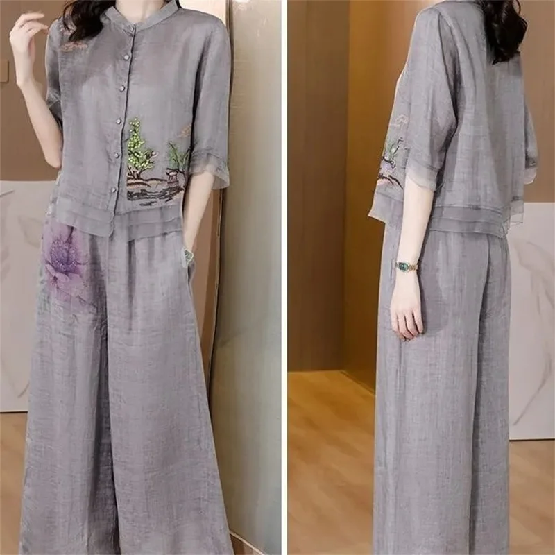 الصيف السراويل واسعة الساق عارضة الأزياء قطعتين القطن مجموعة XXXL رمادي الصيف الفن التطريز النمط الصيني مجموعة الكتان النمط الغربي
