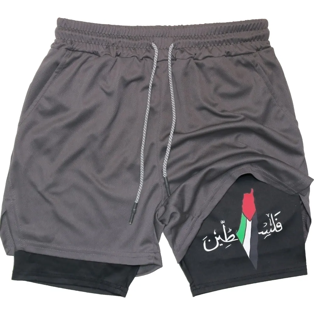 Palestine Performance Short Gym Sports 2 In 1 Shorts Quick Dry Workout Training Fitness Jogging Short Pants Summer Men Shorts