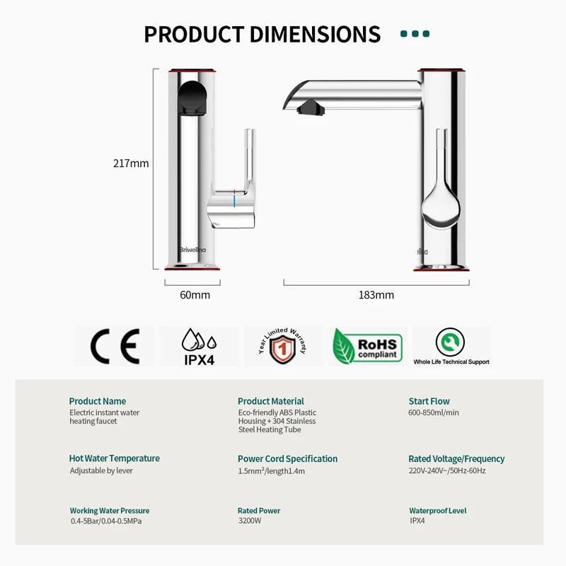 Briwellna ก๊อกน้ำร้อนทันที pemanas Air listrik 220V เครื่องทำน้ำอุ่นสมาร์ทก๊อกน้ำไฟฟ้าไม่มีถัง