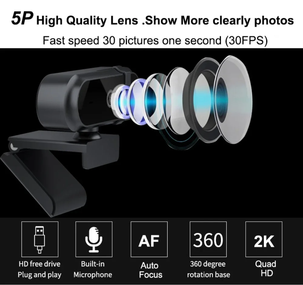 Webcam Autofoucs 4K 2K, 30fps, Microphone Full HD pour Gamer, YouTube, appels vidéo en direct, pilote de réunion, prise USB gratuite, ordinateur portable, travail