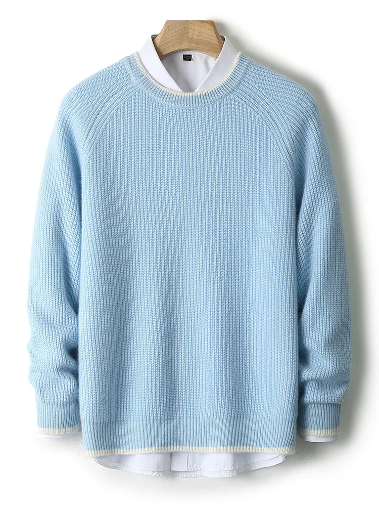 

TLOML Men's 100% Merino Wool Knitwear Color Blocking O-neck Wool Pullover Autumn Winter Soft Warm Cashmere Sweater Comfy Tops