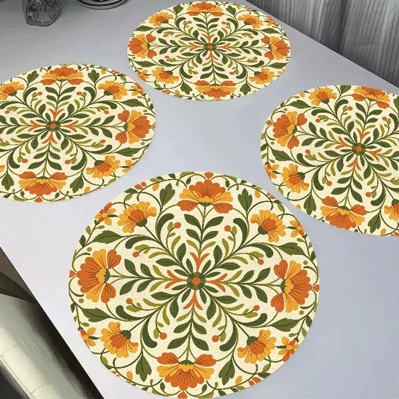 VIKAMA Fresh Warm Orange Retro Small Flower Round Linen Placemats Heat Resistant Wear-Resistant for Dining Table Home Decor